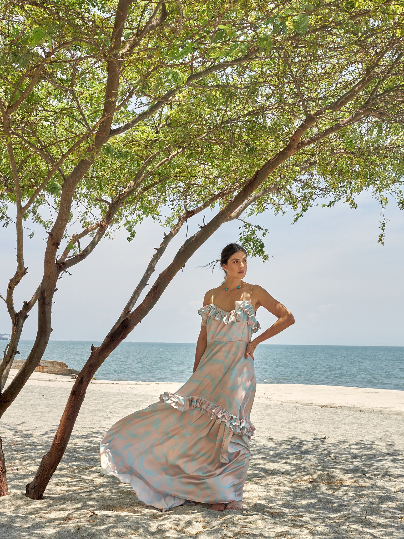 Vestido Pascal Estampado Plumas Turquesa