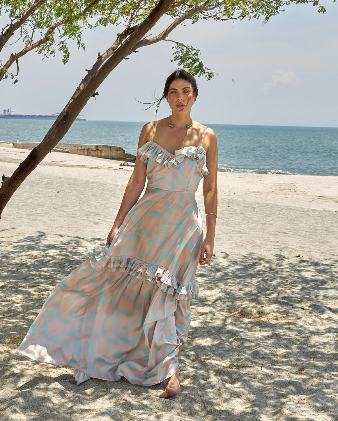Vestido Pascal Estampado Plumas Turquesa