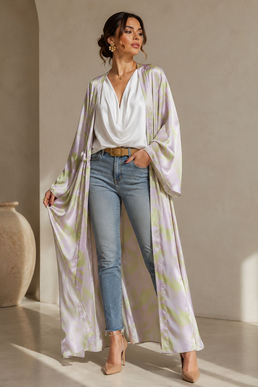 Kimono Lavanda Plumas Lila+Neon Estampado