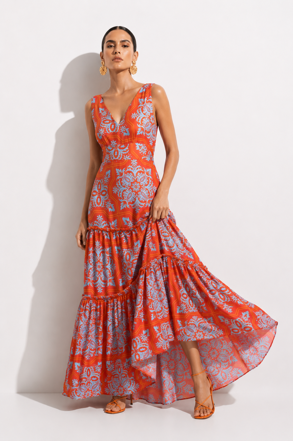 Vestido Alejandra II Estampado Naranja+Turquesa