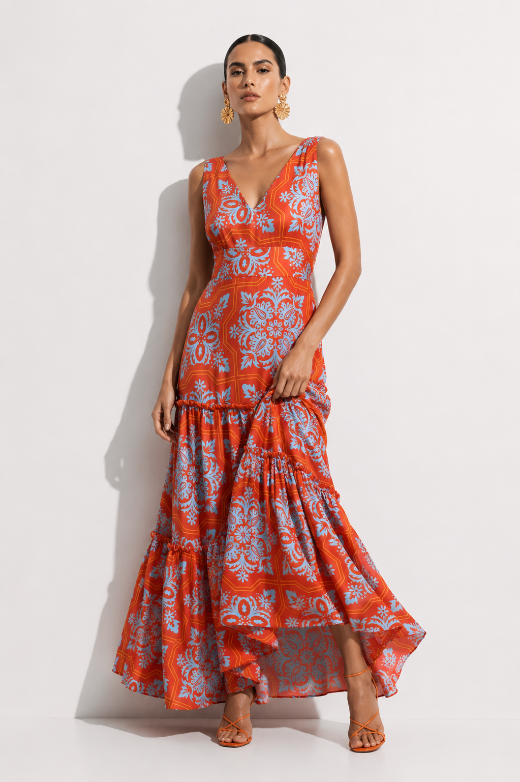Vestido Alejandra II Estampado Naranja+Turquesa