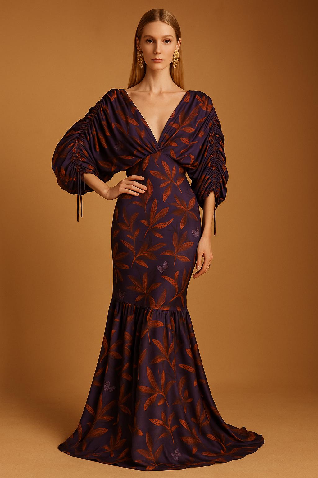 Vestido Musk Estampado Multi Plumas Morado