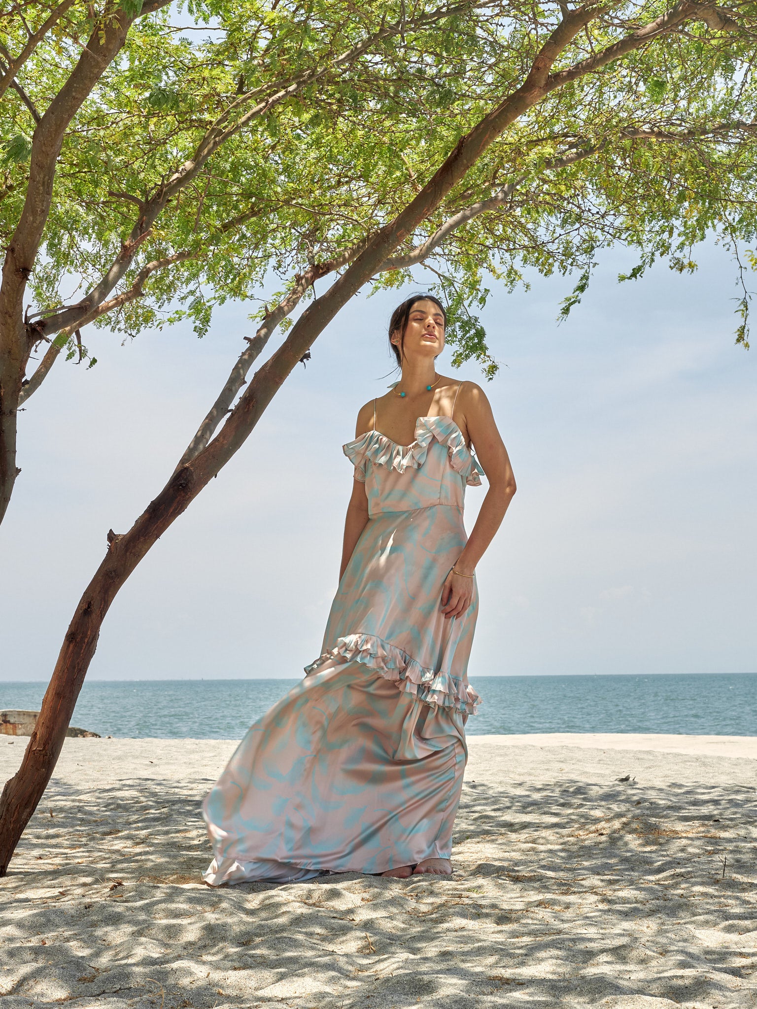 Vestido Pascal Estampado Plumas Turquesa