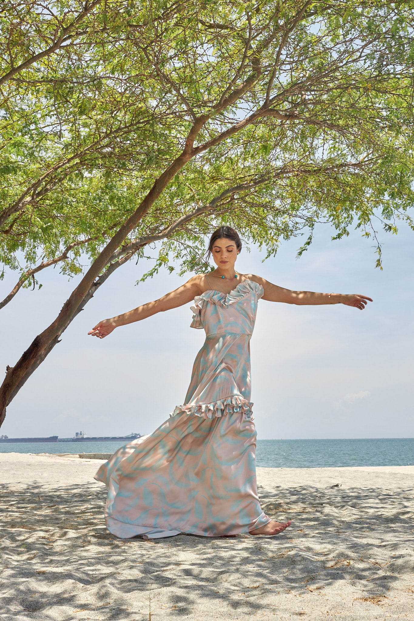 Vestido Pascal Estampado Plumas Turquesa
