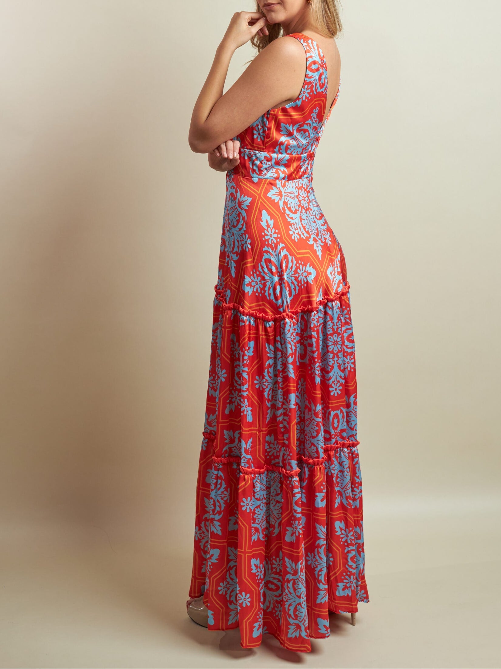 Vestido Alejandra II Estampado Naranja+Turquesa