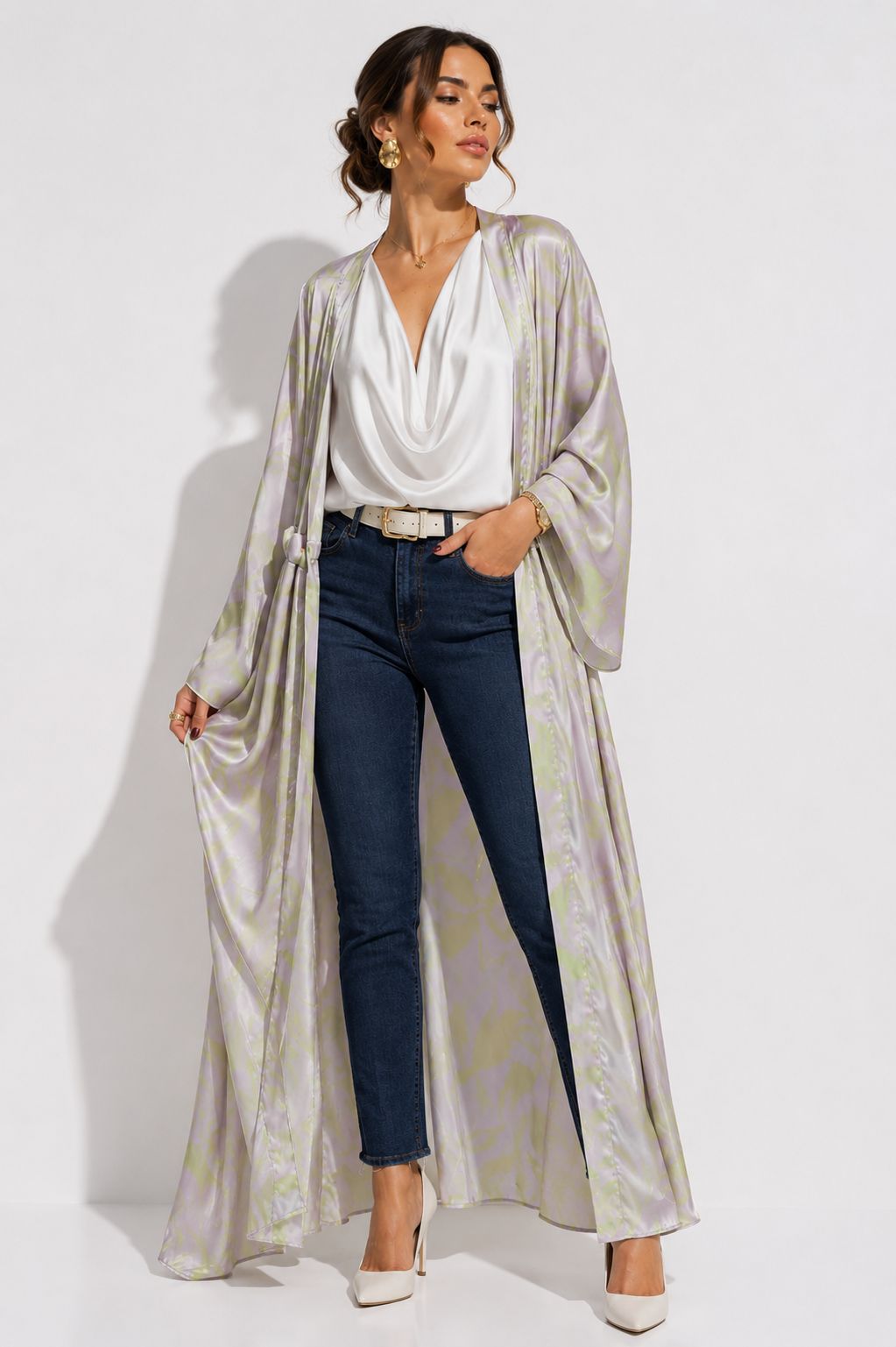 Kimono Lavanda Plumas Lila+Neon Estampado