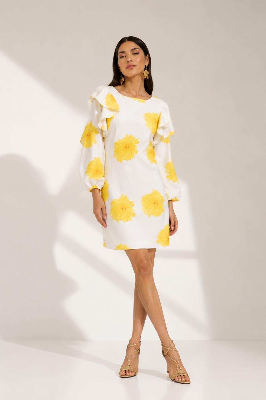 Vestido Aisha F. Blanco Flor Amarillo