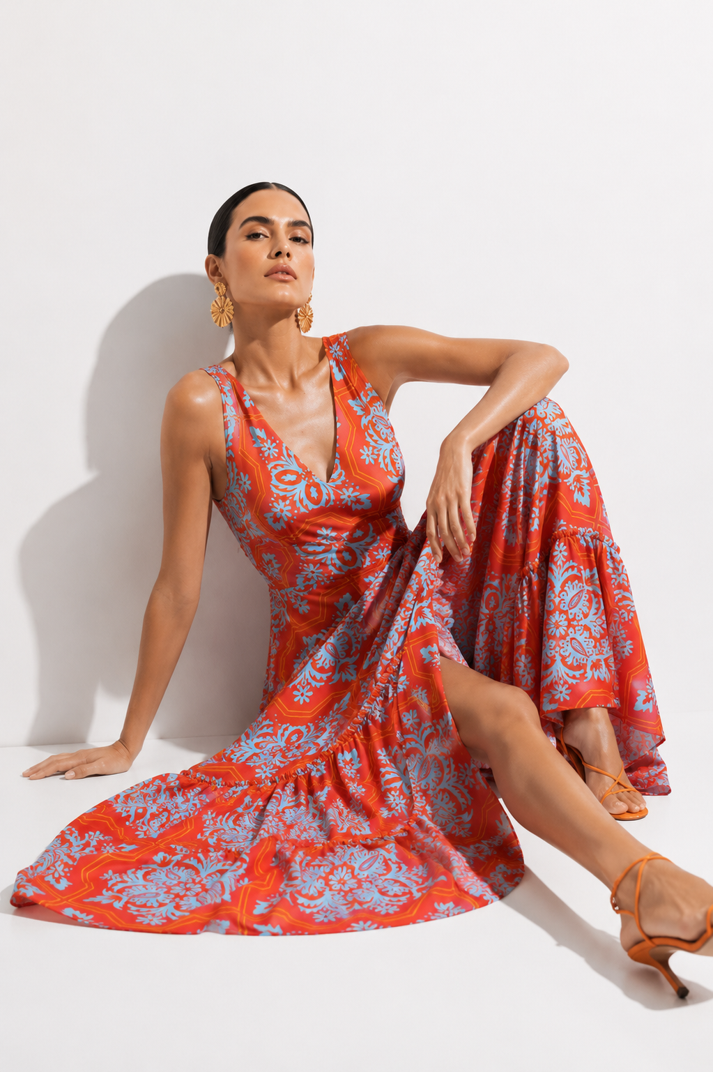 Vestido Alejandra II Estampado Naranja+Turquesa