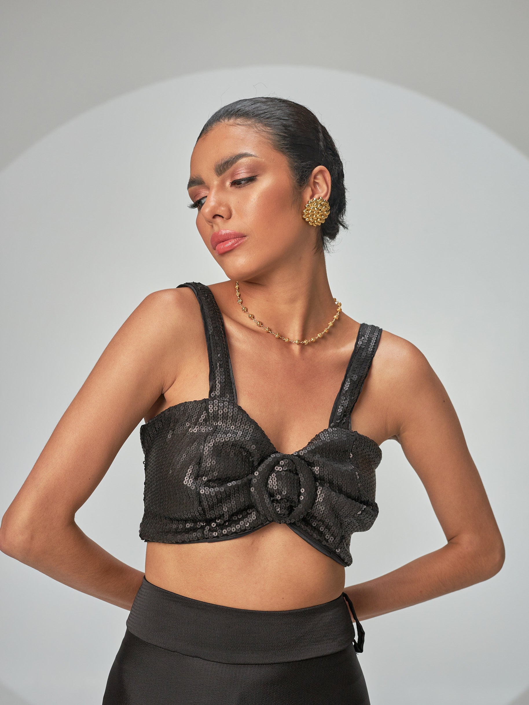 Crop Top Hebilla Lentejuelas Negro